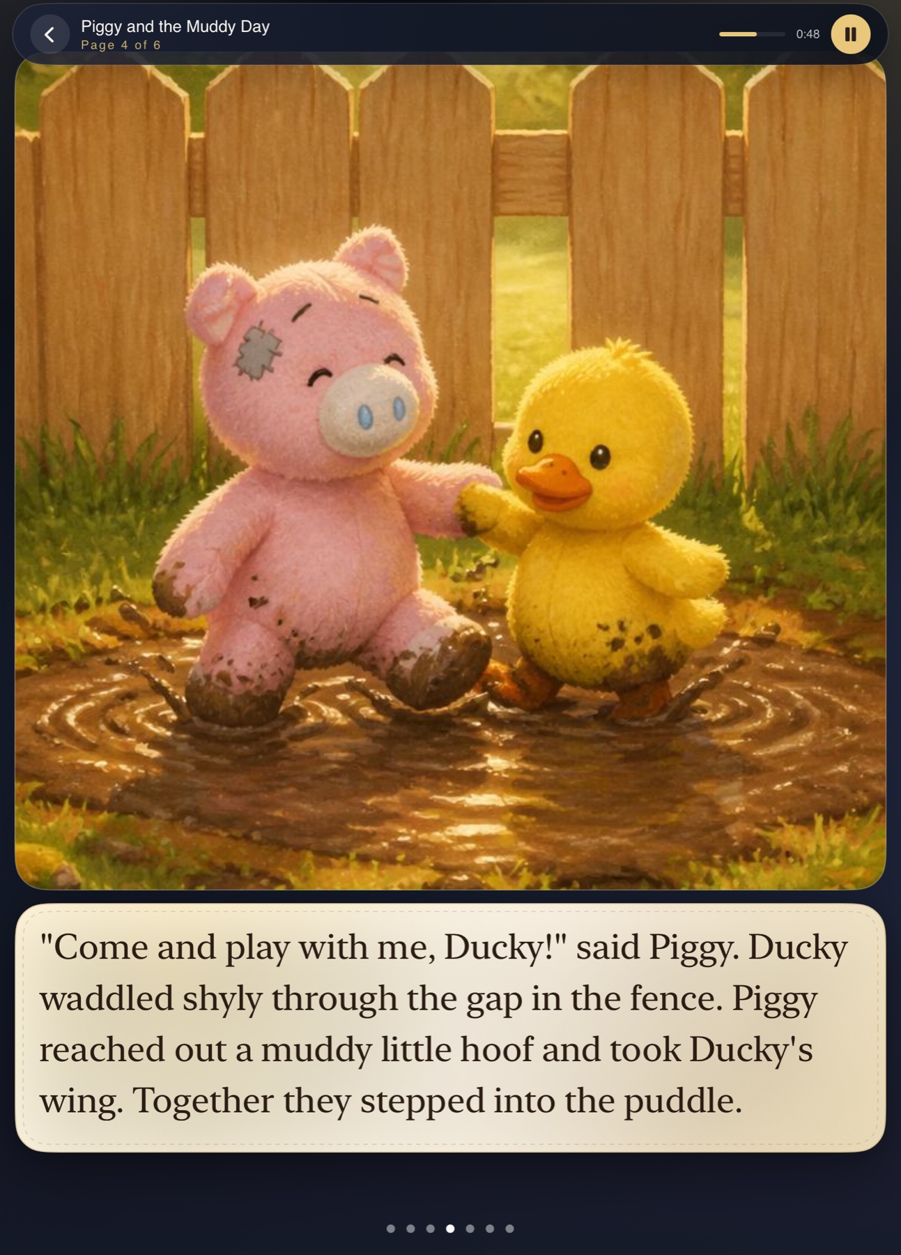 Bedtime Bee reader showing Piggy and Ducky in an illustrated muddy-day story
